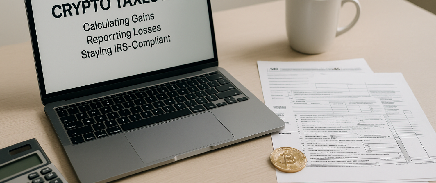 Laptop reading Crypto Taxes 2025 with tax forms and coffee