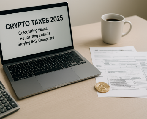 Laptop reading Crypto Taxes 2025 with tax forms and coffee