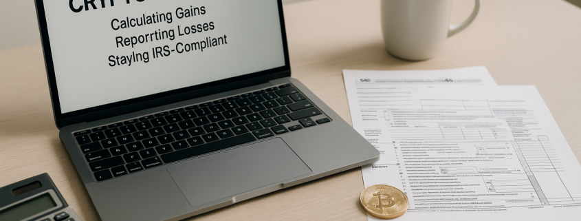 Laptop reading Crypto Taxes 2025 with tax forms and coffee