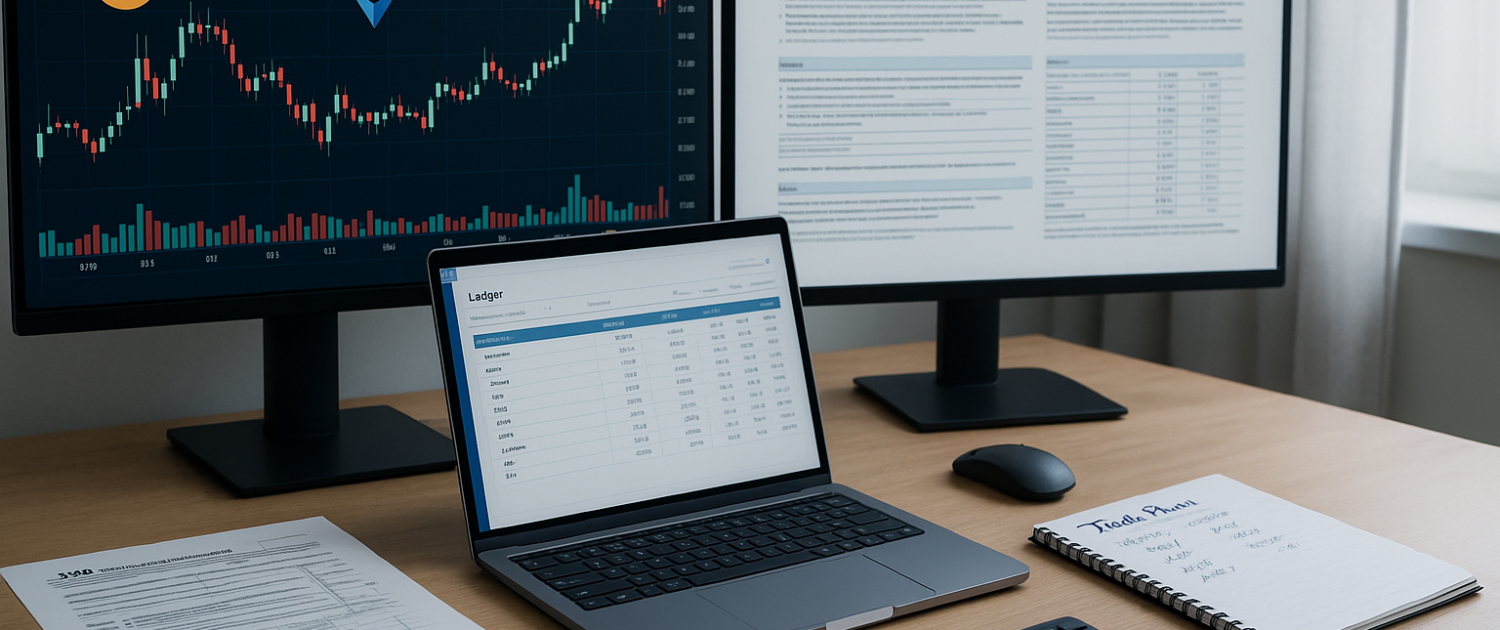 Laptop and tax documents with cryptocurrency charts on monitors