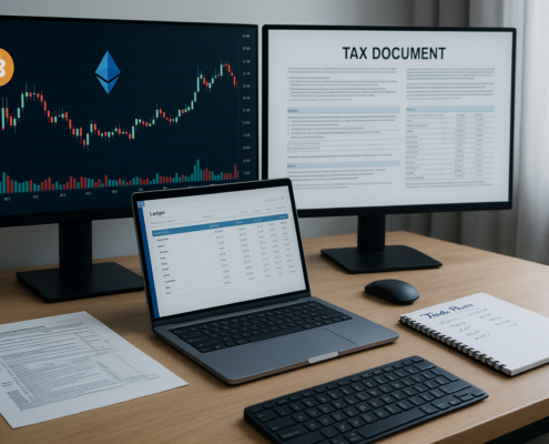 Laptop and tax documents with cryptocurrency charts on monitors