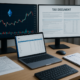 Laptop and tax documents with cryptocurrency charts on monitors