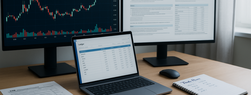 Laptop and tax documents with cryptocurrency charts on monitors