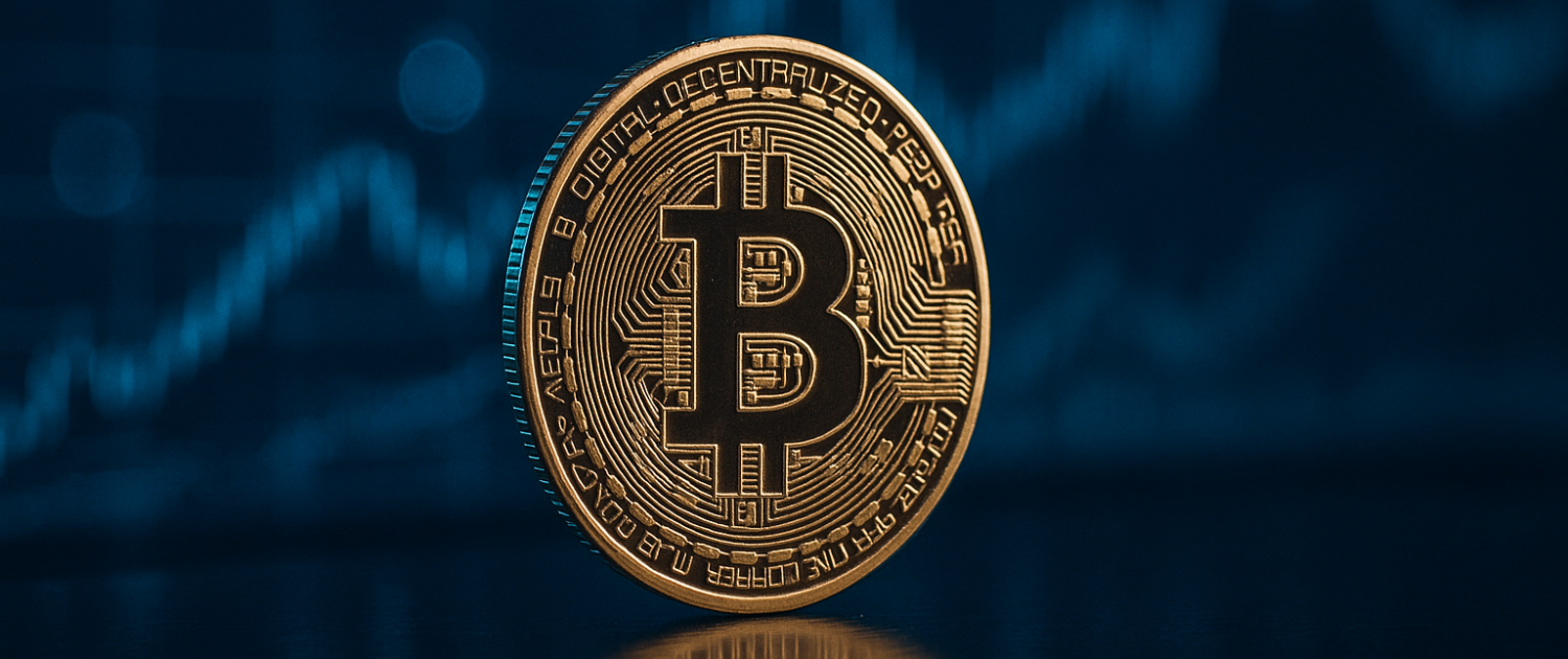 Golden Bitcoin coin in front of blue financial chart background