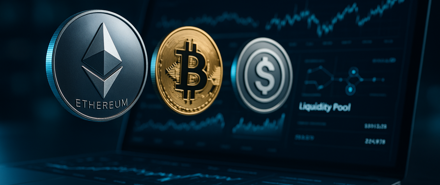 Ethereum, Bitcoin and liquidity tokens floating over laptop with DeFi charts