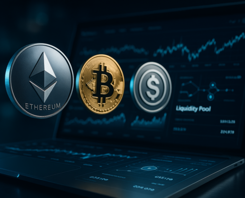 Ethereum, Bitcoin and liquidity tokens floating over laptop with DeFi charts