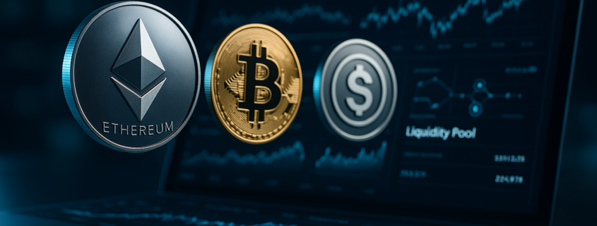 Ethereum, Bitcoin and liquidity tokens floating over laptop with DeFi charts