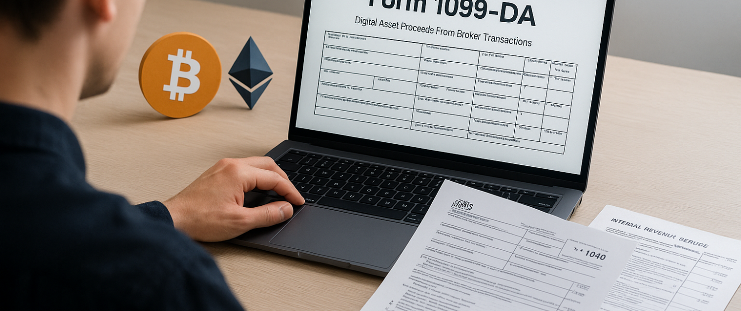 Person reviewing Form 1099-DA with Bitcoin and Ethereum tokens on desk